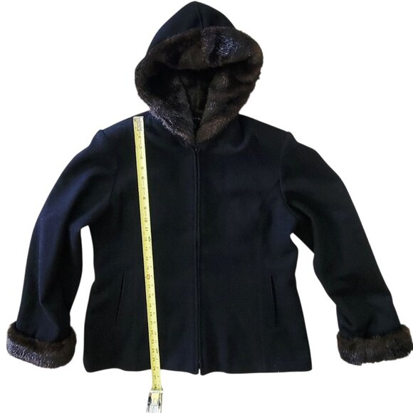 VTG Braetan Black Wool Blend Faux Fur Hooded Zip Front Coat Jacket with Pockets - Picture 11 of 15